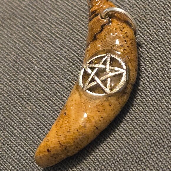 Hand Carved Wood Crescent Moon Pendant Blue with Our Lady of Guadalupe Medallion - Picture 4 of 8